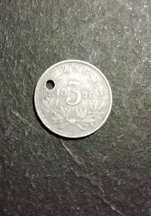 1896 ZAR threepence. Holed