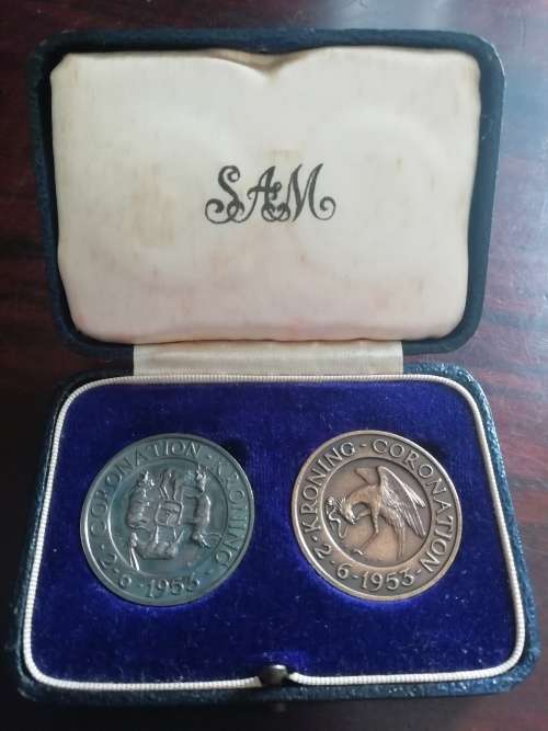 1953 Silver and Bronze Coronation medals in SA Mint box. Excellent condition.
