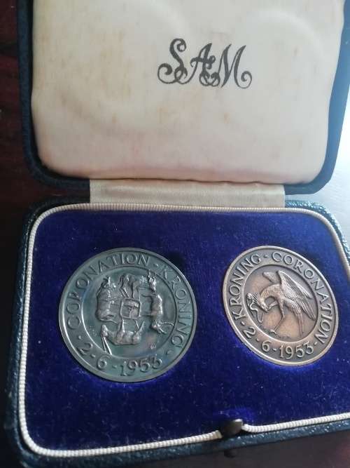 1953 Silver and Bronze Coronation medals in SA Mint box. Excellent condition.