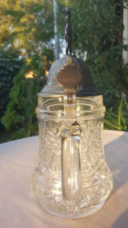 LARGE 28CM GERMAN BEER GLASS MUG WITH PEWTER LID OF ARMY HORSE RIDER