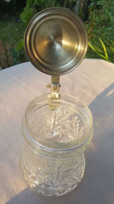 LARGE 28CM GERMAN BEER GLASS MUG WITH PEWTER LID OF ARMY HORSE RIDER