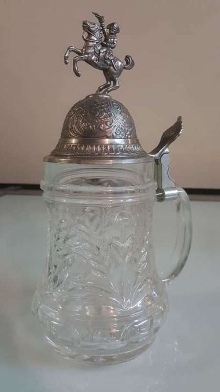 LARGE 28CM GERMAN BEER GLASS MUG WITH PEWTER LID OF ARMY HORSE RIDER
