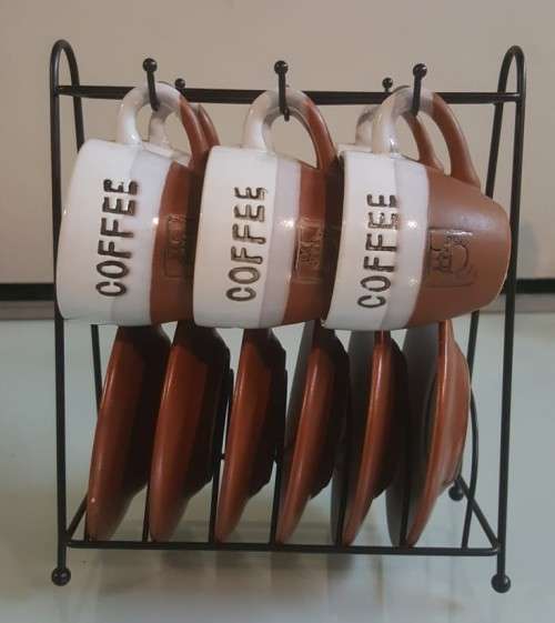 CUTEST SMALL 6 COFFEE CUPS AND MATCHING SAUCERS SET WITH RACK