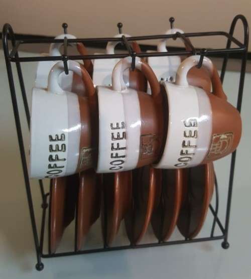 CUTEST SMALL 6 COFFEE CUPS AND MATCHING SAUCERS SET WITH RACK