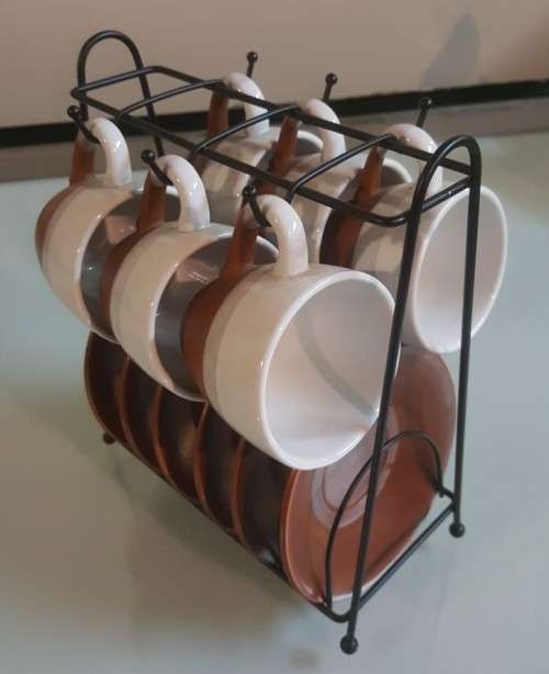 CUTEST SMALL 6 COFFEE CUPS AND MATCHING SAUCERS SET WITH RACK