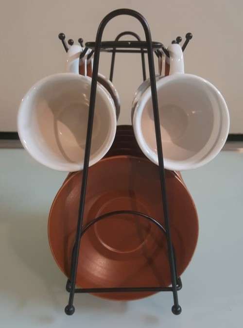 CUTEST SMALL 6 COFFEE CUPS AND MATCHING SAUCERS SET WITH RACK