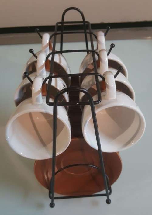 CUTEST SMALL 6 COFFEE CUPS AND MATCHING SAUCERS SET WITH RACK
