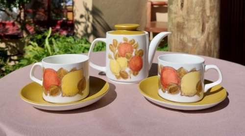 CUTE J AND G MEAKIN ENGLAND IRONSTONE TEA SET FOR TWO WITH FRUIT DECORATION