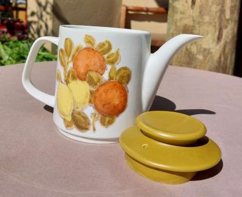 CUTE J AND G MEAKIN ENGLAND IRONSTONE TEA SET FOR TWO WITH FRUIT DECORATION