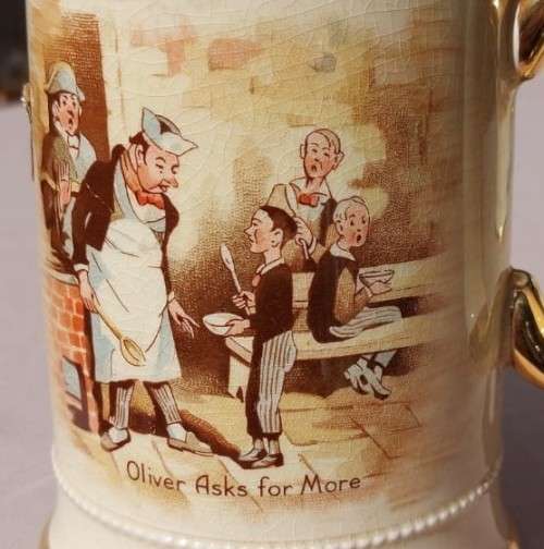 VINTAGE AND SCARSE ROYAL BRADWELL ARTHUR WOOD 3752 ENGLAND OLIVER TWIST MUGS WITH GOLD TRIMS