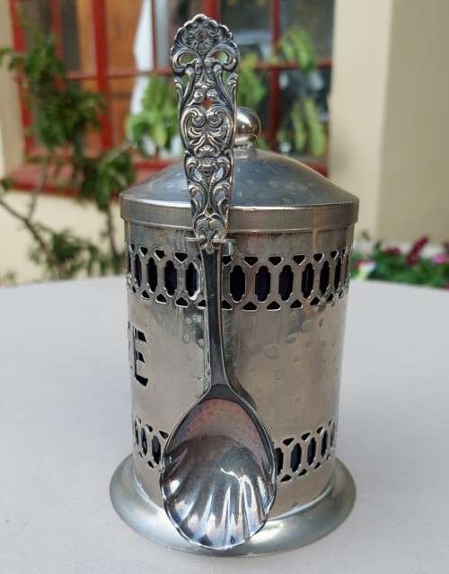 REAL 83% SILVER SPOON NORWAY WITH A METAL COFFEE CADDY AND COBALT BLUE INSERT