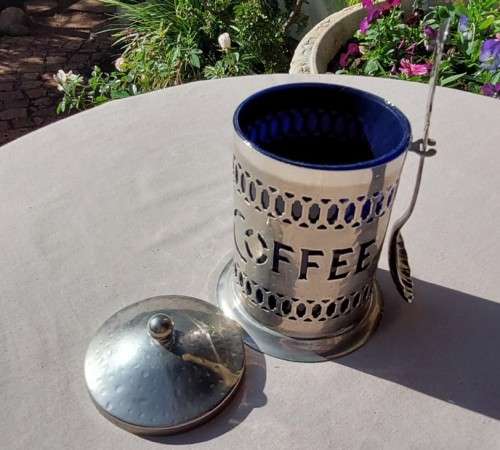 REAL 83% SILVER SPOON NORWAY WITH A METAL COFFEE CADDY AND COBALT BLUE INSERT