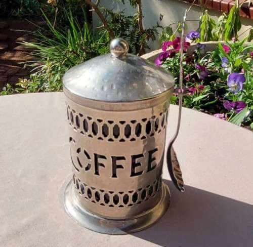 REAL 83% SILVER SPOON NORWAY WITH A METAL COFFEE CADDY AND COBALT BLUE INSERT