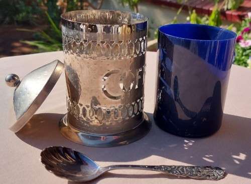 REAL 83% SILVER SPOON NORWAY WITH A METAL COFFEE CADDY AND COBALT BLUE INSERT