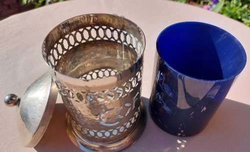 REAL 83% SILVER SPOON NORWAY WITH A METAL COFFEE CADDY AND COBALT BLUE INSERT