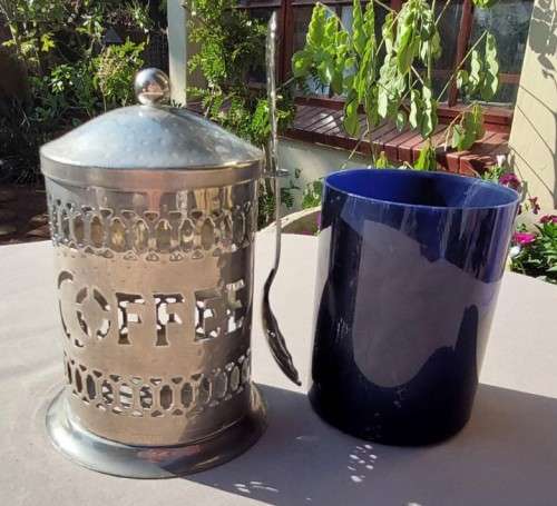 REAL 83% SILVER SPOON NORWAY WITH A METAL COFFEE CADDY AND COBALT BLUE INSERT