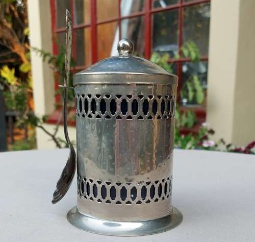 REAL 83% SILVER SPOON NORWAY WITH A METAL COFFEE CADDY AND COBALT BLUE INSERT