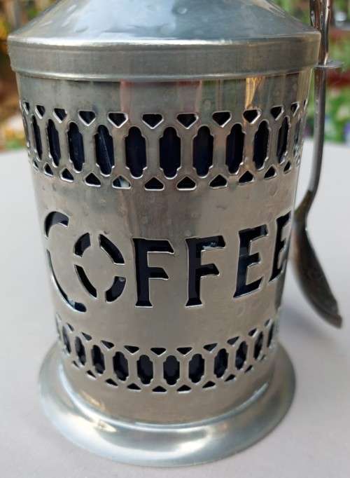 REAL 83% SILVER SPOON NORWAY WITH A METAL COFFEE CADDY AND COBALT BLUE INSERT
