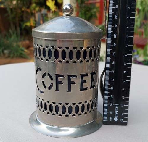 REAL 83% SILVER SPOON NORWAY WITH A METAL COFFEE CADDY AND COBALT BLUE INSERT