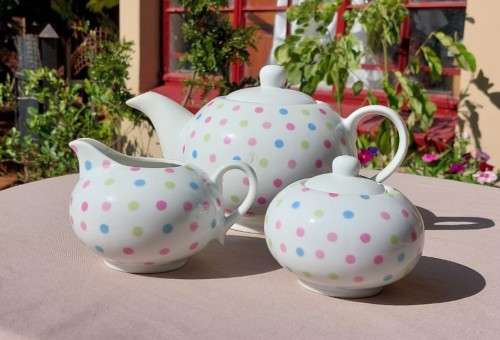 CUTE PINK, BLUE AND GREEN DOTTED TEA POT, SUGAR POT AND CREAMER MADE IN CHINA