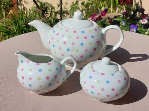 CUTE PINK, BLUE AND GREEN DOTTED TEA POT, SUGAR POT AND CREAMER MADE IN CHINA