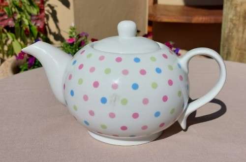 CUTE PINK, BLUE AND GREEN DOTTED TEA POT, SUGAR POT AND CREAMER MADE IN CHINA