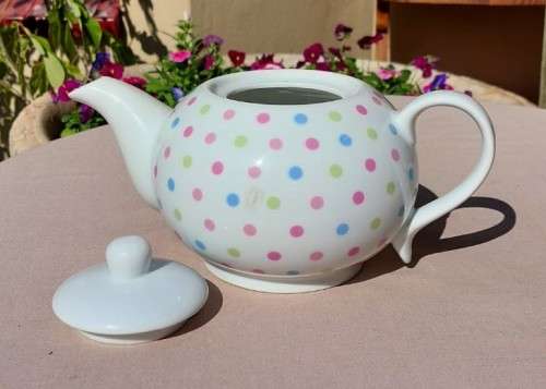 CUTE PINK, BLUE AND GREEN DOTTED TEA POT, SUGAR POT AND CREAMER MADE IN CHINA