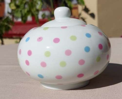 CUTE PINK, BLUE AND GREEN DOTTED TEA POT, SUGAR POT AND CREAMER MADE IN CHINA