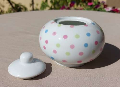 CUTE PINK, BLUE AND GREEN DOTTED TEA POT, SUGAR POT AND CREAMER MADE IN CHINA