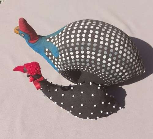 CUTE PAIR OF HANDMADE FABRIC GUINEAFOWL DOOR STOPS ONE SIGNED BY ARTIST