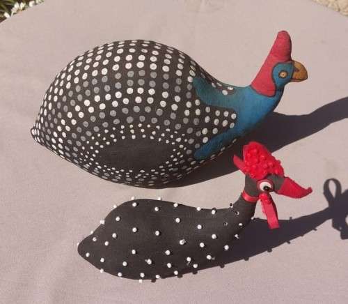 CUTE PAIR OF HANDMADE FABRIC GUINEAFOWL DOOR STOPS ONE SIGNED BY ARTIST