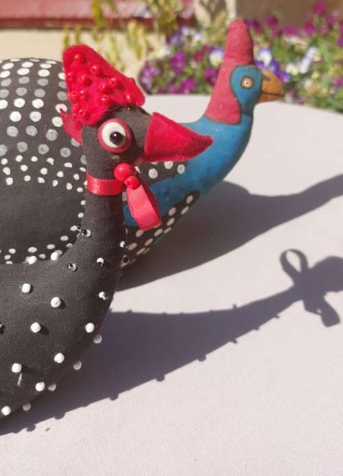 CUTE PAIR OF HANDMADE FABRIC GUINEAFOWL DOOR STOPS ONE SIGNED BY ARTIST