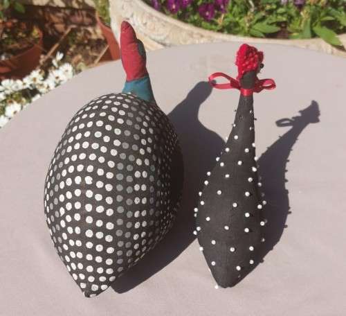 CUTE PAIR OF HANDMADE FABRIC GUINEAFOWL DOOR STOPS ONE SIGNED BY ARTIST