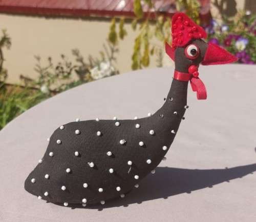 CUTE PAIR OF HANDMADE FABRIC GUINEAFOWL DOOR STOPS ONE SIGNED BY ARTIST