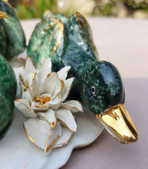 CESARE VILLARI! - CVS CAPODIMONTE ITALY! - 18CT GOLD GILT! - PORCELAIN DUCKS! - RARE AND VALUABLE PL