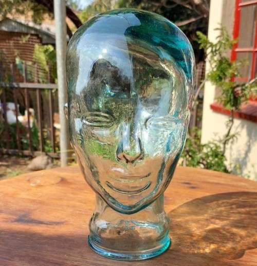 CREEPY LIFE SIZED 28CM HIGH TINTED GREEN GLASS HUMAN MANNEQUIN HEAD  AN UNIQUE ITEM
