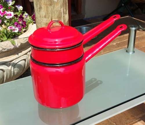 RED 1960S HUTA SILESIA POLAND ENAMEL DOUBLE BOILER POT