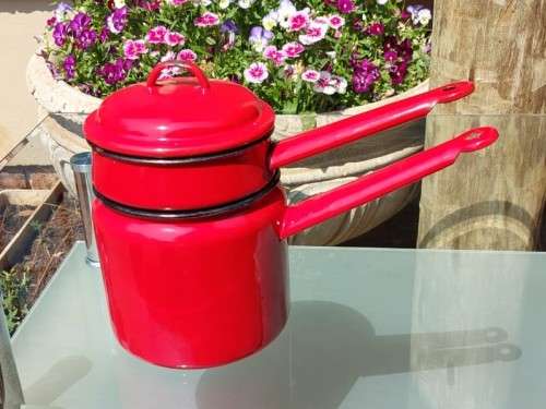 RED 1960S HUTA SILESIA POLAND ENAMEL DOUBLE BOILER POT