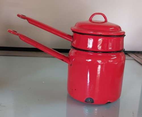RED 1960S HUTA SILESIA POLAND ENAMEL DOUBLE BOILER POT