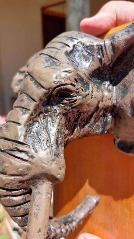 AFRICAN BULL ELEPHANT HENKMAM CLAY SCULPTURE WITH BRONZE COATING ON WOODEN WALL MOUNT