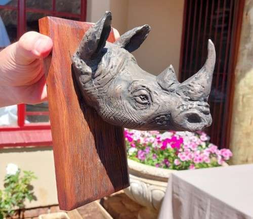 WHITE RHINO HENKMAM CLAY SCULPTURE WITH BRONZE COATING ON WOODEN WALL MOUNT