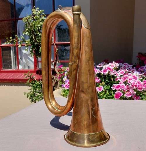 MILITARY TYPE ANTIQUE COPPER AND BRASS BUGLE BY JOHN GREY AND SONS  LONDON - NO MOUTHPIECE