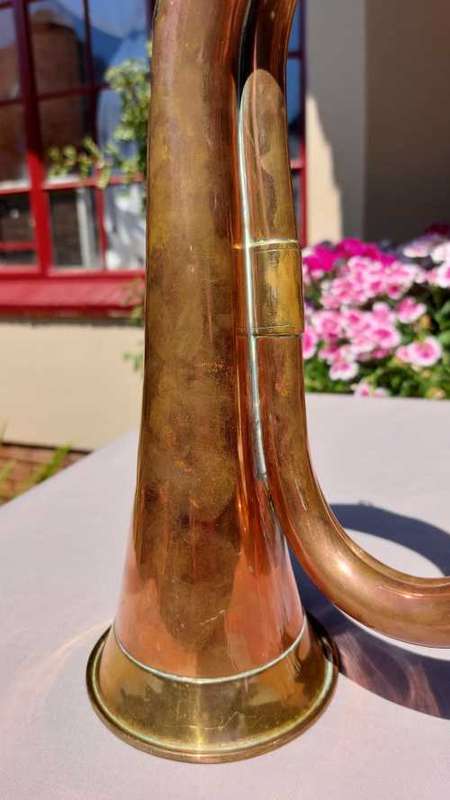MILITARY TYPE ANTIQUE COPPER AND BRASS BUGLE BY JOHN GREY AND SONS  LONDON - NO MOUTHPIECE