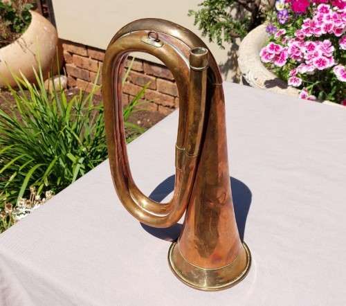MILITARY TYPE ANTIQUE COPPER AND BRASS BUGLE BY JOHN GREY AND SONS  LONDON - NO MOUTHPIECE