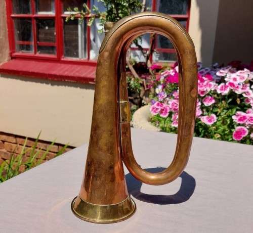 MILITARY TYPE ANTIQUE COPPER AND BRASS BUGLE BY JOHN GREY AND SONS  LONDON - NO MOUTHPIECE