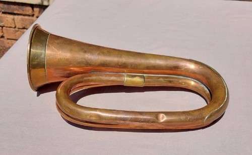 MILITARY TYPE ANTIQUE COPPER AND BRASS BUGLE BY JOHN GREY AND SONS  LONDON - NO MOUTHPIECE