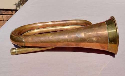 MILITARY TYPE ANTIQUE COPPER AND BRASS BUGLE BY JOHN GREY AND SONS  LONDON - NO MOUTHPIECE