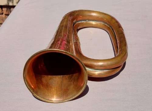 MILITARY TYPE ANTIQUE COPPER AND BRASS BUGLE BY JOHN GREY AND SONS  LONDON - NO MOUTHPIECE