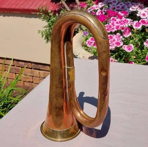 MILITARY TYPE ANTIQUE COPPER AND BRASS BUGLE BY JOHN GREY AND SONS  LONDON - NO MOUTHPIECE