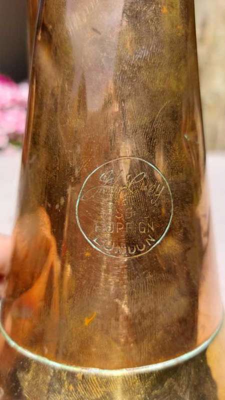 MILITARY TYPE ANTIQUE COPPER AND BRASS BUGLE BY JOHN GREY AND SONS  LONDON - NO MOUTHPIECE